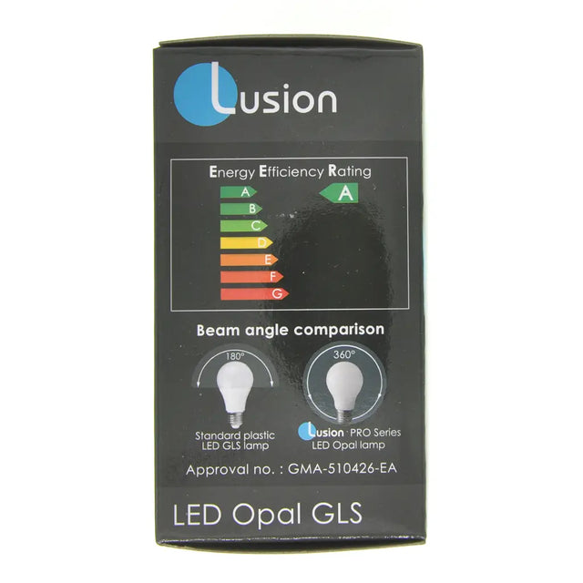 Lusion LED Opal GLS packaging with energy efficiency rating and beam angle comparison on a white background