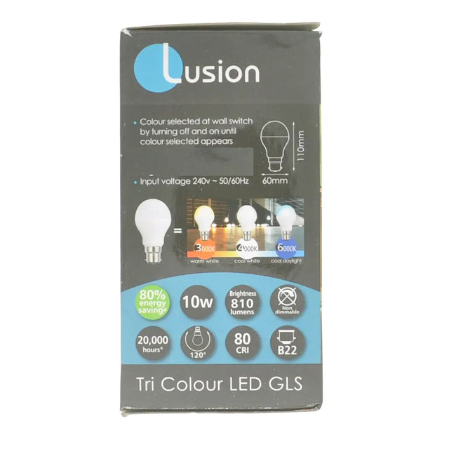 Lusion Tri Colour LED GLS packaging on a white background