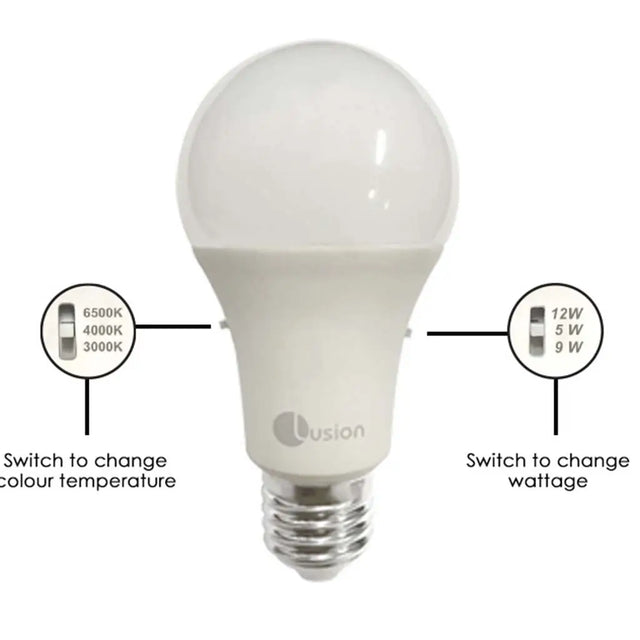 Light bulb with labeled switches for color temperature and wattage on a white background