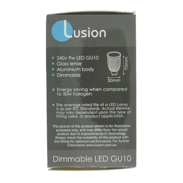 Lusion LED GU10 light bulb packaging on a white background