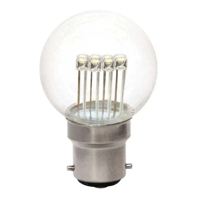 Clear light bulb with metal base on a white background