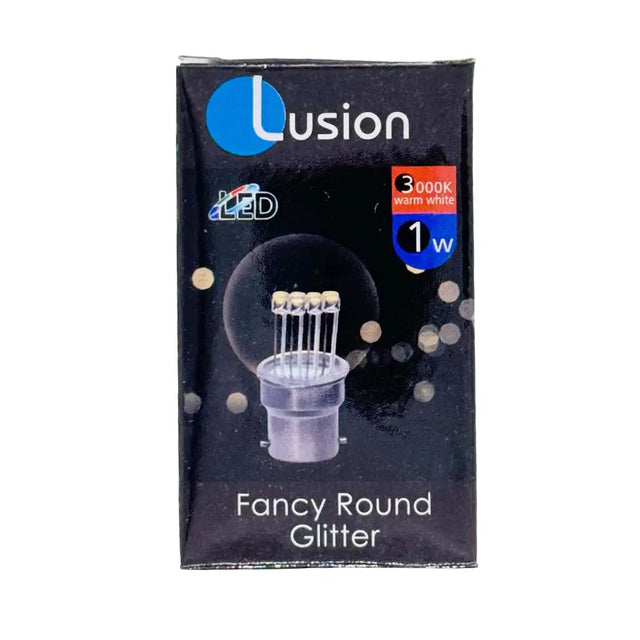 Lusion Fancy Round Glitter packaging with a black background