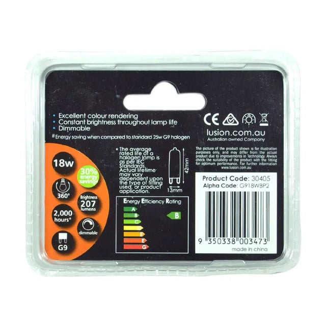 Packaged light bulb with specifications on a white background