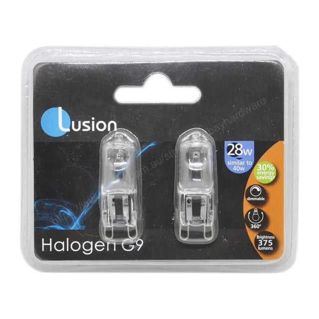 Two halogen G9 light bulbs in packaging with Lusion branding on a white background