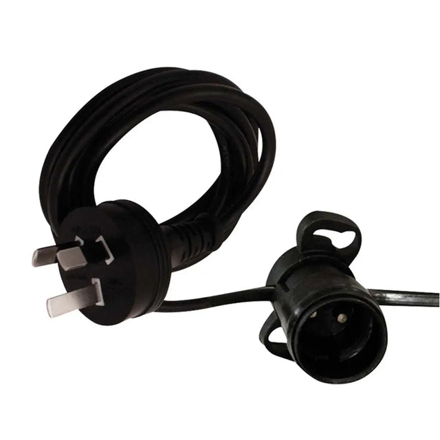 Black electrical cable with plug and socket on a white background