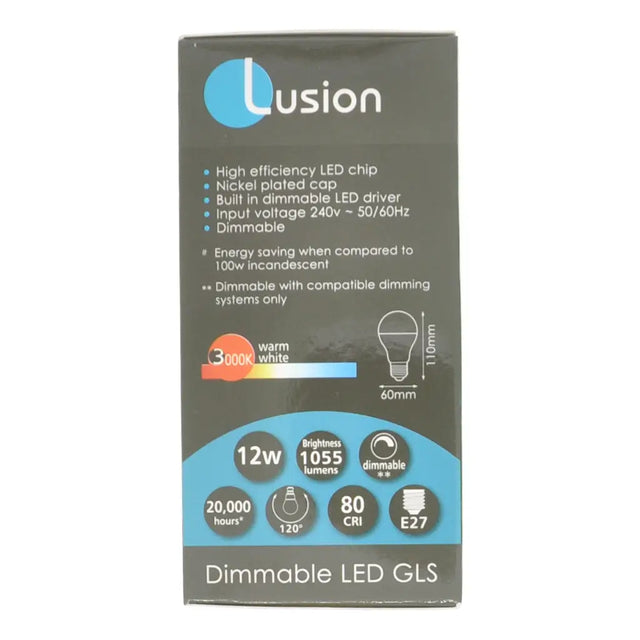 Lusion LED GLS bulb packaging with specifications on a white background