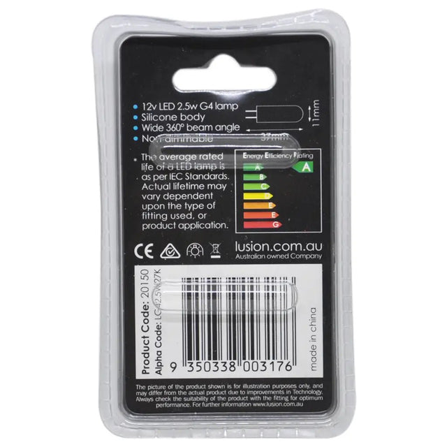 Lusion LED lamp packaging with specifications and branding on a white background