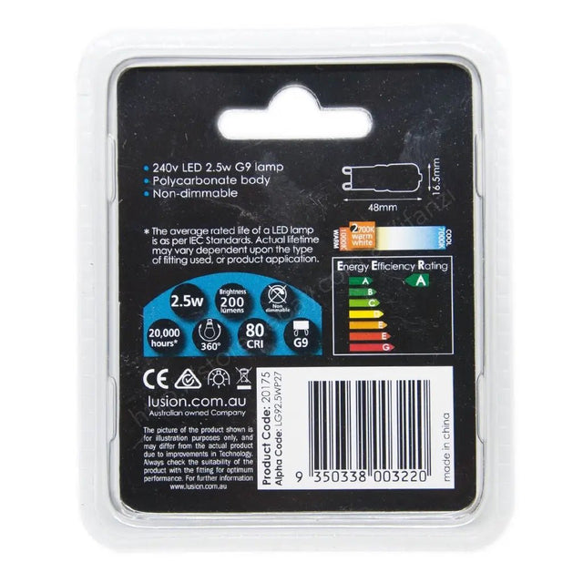 Back view of a LED lamp packaging with specifications and branding.