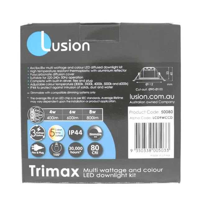 Lusion Trimax LED downlight kit packaging with product details on a white background