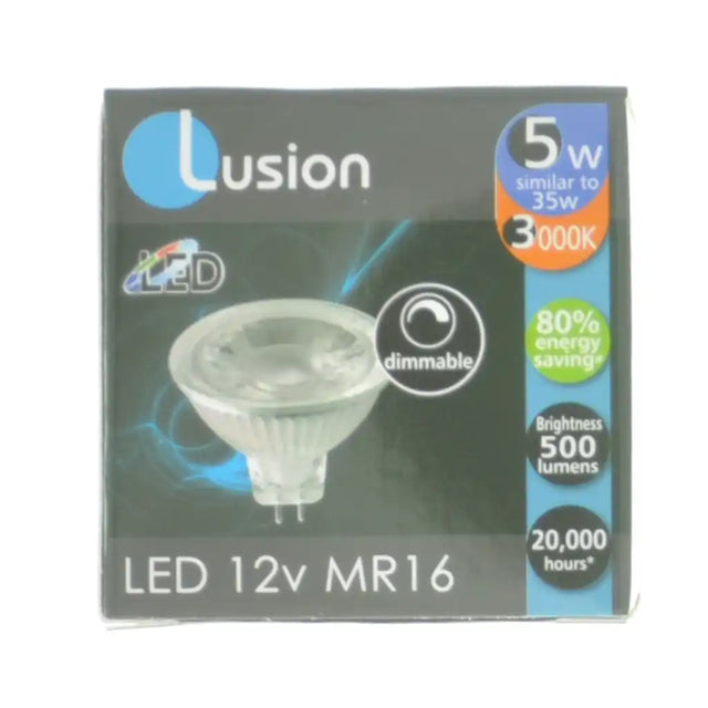 Lusion LED 12v MR16 light bulb packaging on a white background