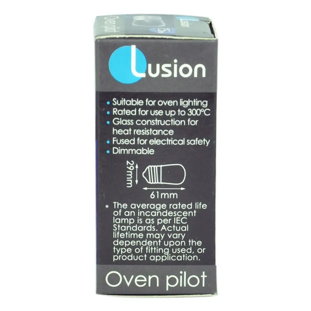 Lusion oven pilot light packaging with specifications on a white background