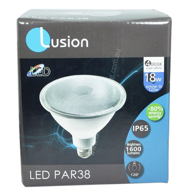 Lusion LED PAR38 bulb packaging on a white background
