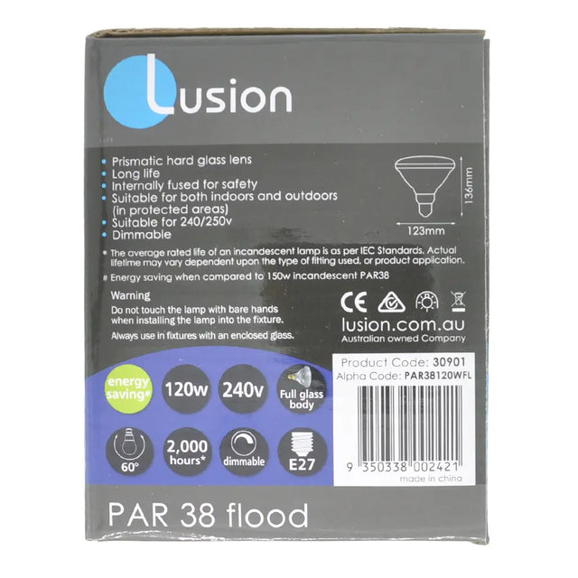Lusion PAR 38 flood light bulb packaging with specifications on a white background