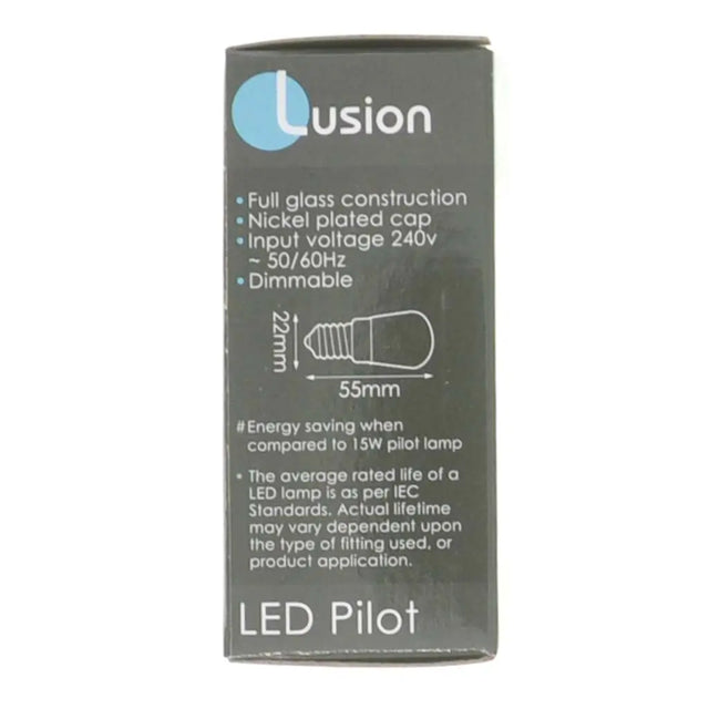 Lusion LED Pilot bulb packaging with specifications on a white background