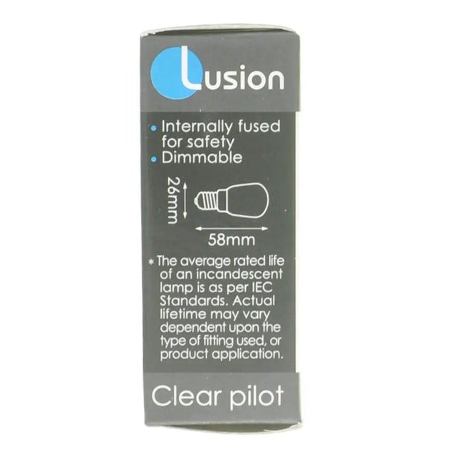 Lusion light bulb packaging with specifications on a white background
