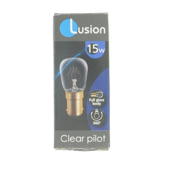 Lusion 15w clear pilot light bulb packaging on a white background