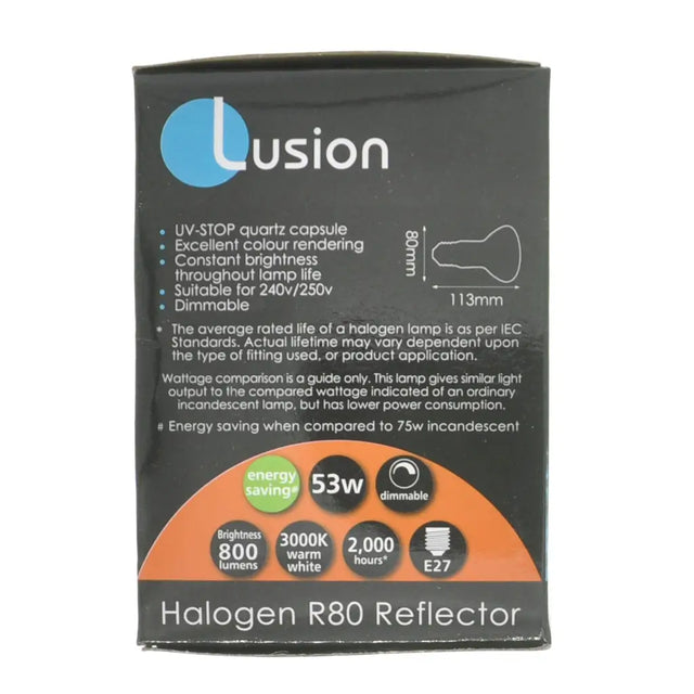 Lusion Halogen R80 Reflector packaging with specifications on a white background