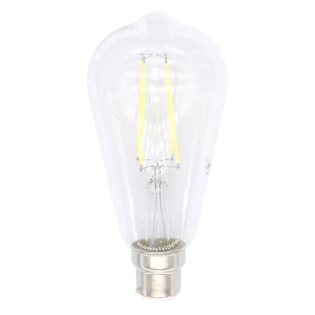 Clear LED light bulb with visible filaments on a white background