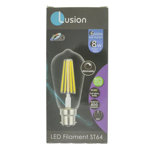 Lusion LED filament ST64 bulb packaging on a white background
