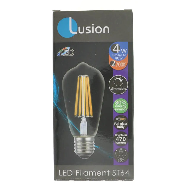 Lusion LED Filament ST64 bulb packaging on a white background