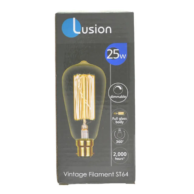 Lusion vintage filament light bulb packaging on a white background