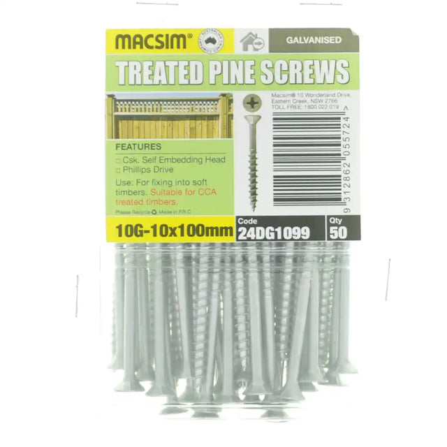 Pack of Macsim treated pine screws with packaging details on a white background