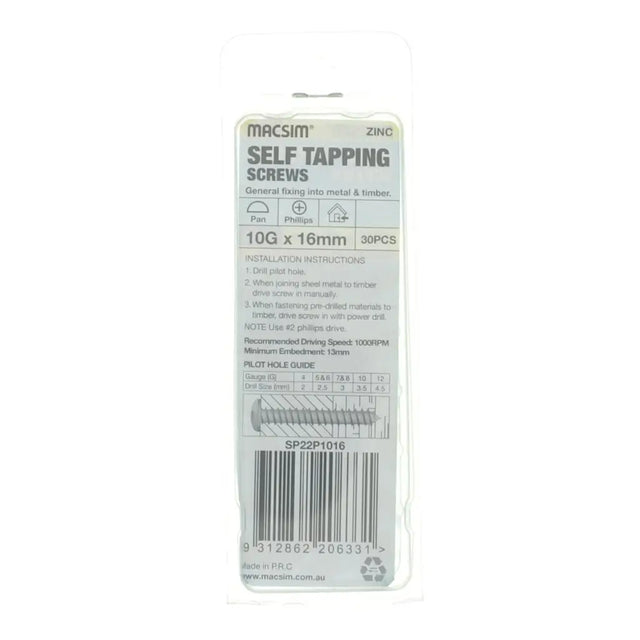 Pack of Macsim self-tapping screws on a white background