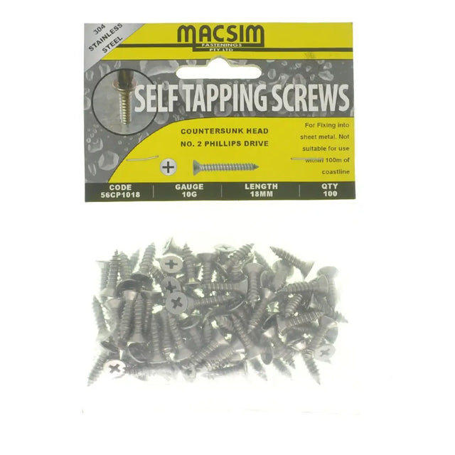 Pack of Macsim self-tapping screws with packaging on a white background