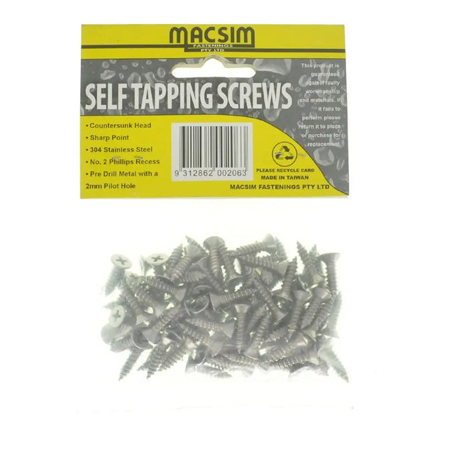 Pack of Macsim self-tapping screws with packaging on a white background