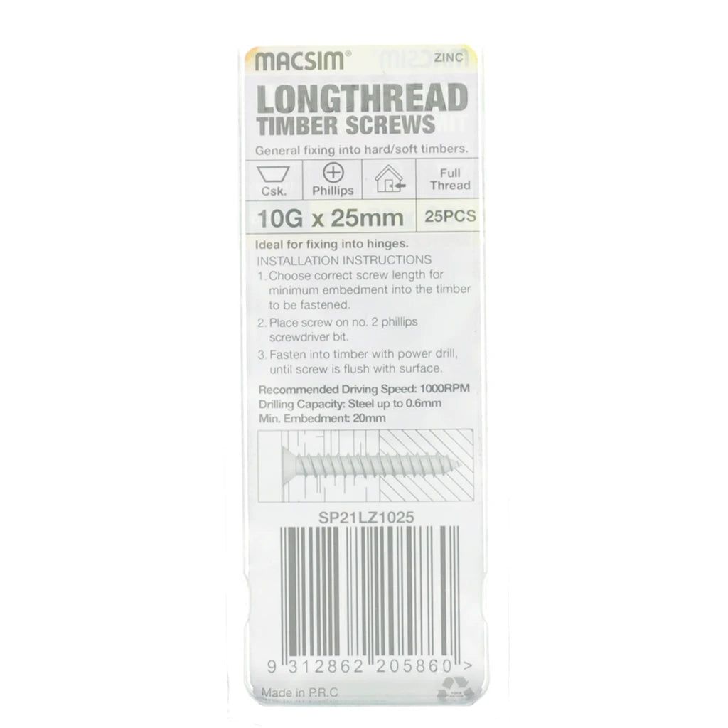 MACSIM 10Gx25mm Countersunk LONGTHREAD Timber Screw Zinc Plate SP21LZ1025