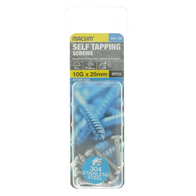Pack of Macsim self-tapping screws with clear packaging on a white background