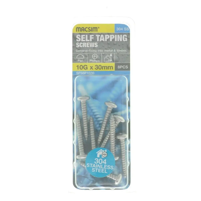 Pack of self-tapping screws with packaging displaying brand name and specifications.