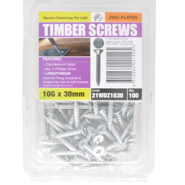 A clear plastic package of Macrain Fastenings Timber Screws, zinc-plated countersunk head screws, 10G x 30mm, quantity 100. The package features a white, purple, and yellow label with product details and a barcode.