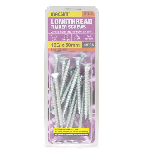 A package of 15 longthread zinc timber screws, 10G x 50mm, in a clear plastic blister pack with a printed header card. The screws are silver-colored metal, and the packaging features a purple, yellow, and white design.
