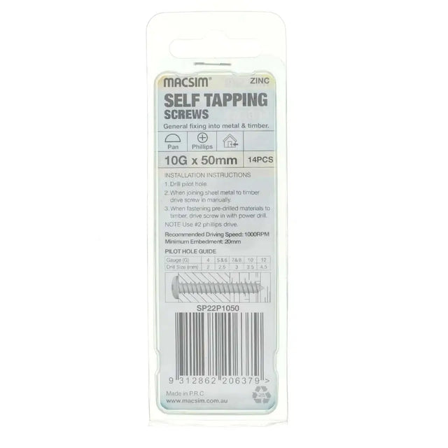 Pack of Macsim self-tapping screws with packaging on a white background