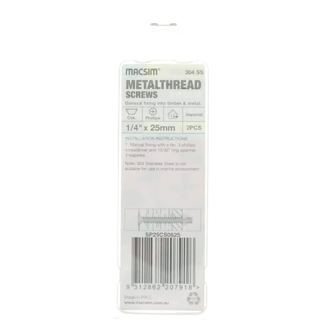 Packaging of Macsim metal thread screws on a white background