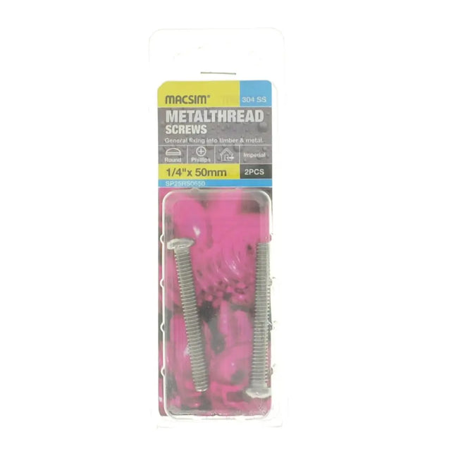 Pack of metalhead screws with pink bodies and silver heads in packaging on a white background