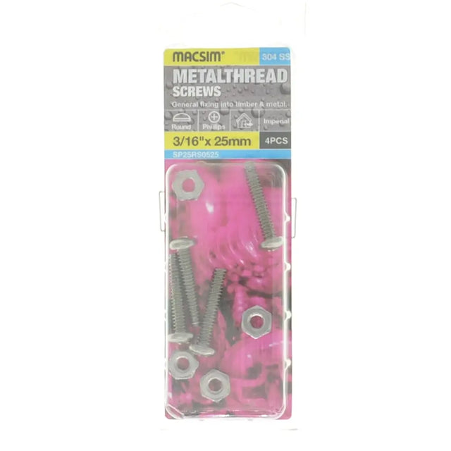Pack of metal screws with packaging labeled 'Macsim' on a white background