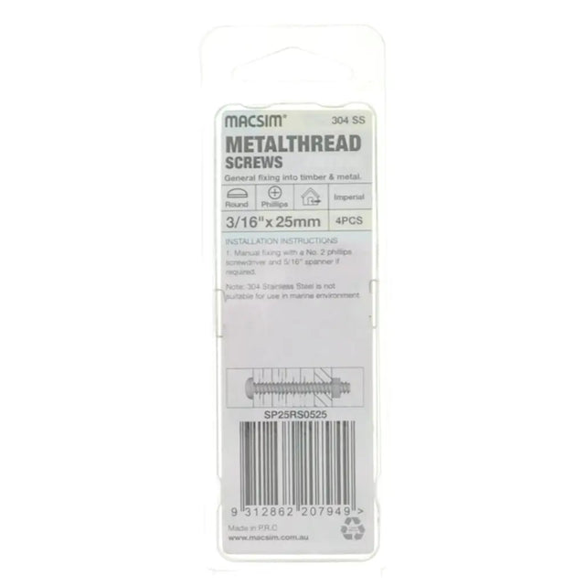 Packaging of Macsim metal thread screws on a white background
