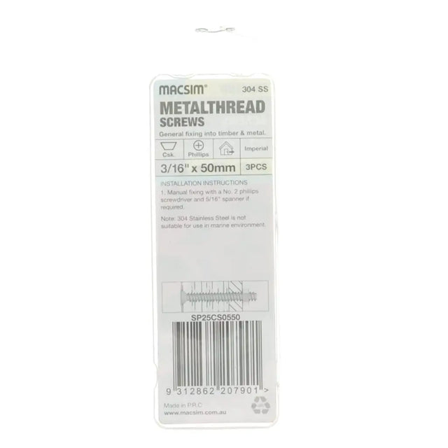 Package of Macsim metalhead screws on a white background