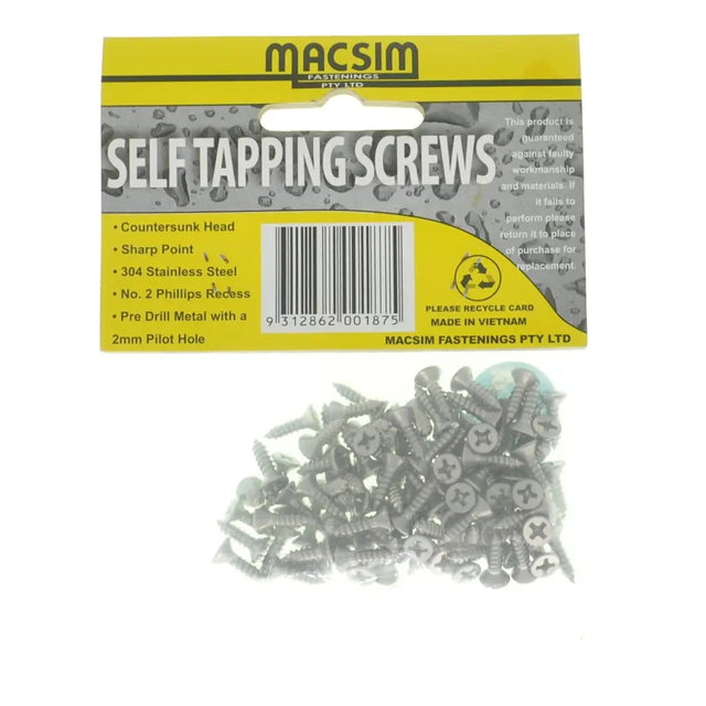 Pack of Macsim self-tapping screws with packaging on a white background