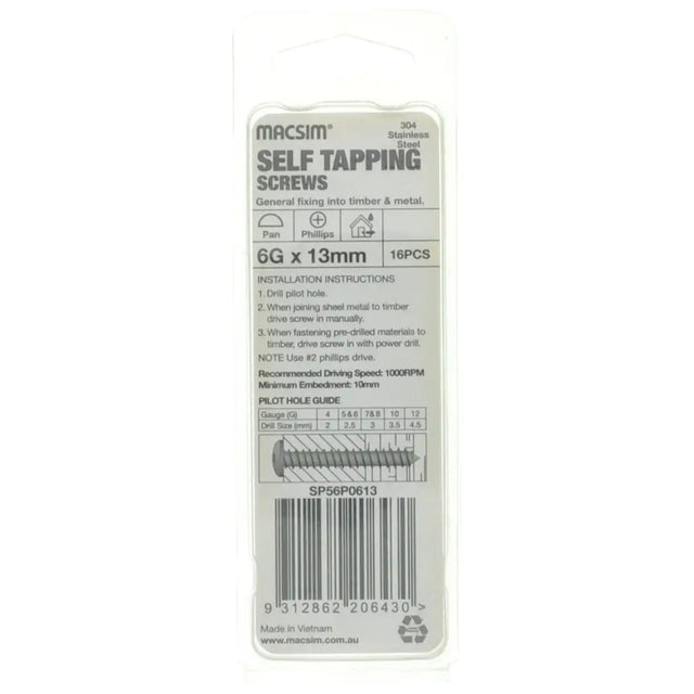 Packaging of Macsim self-tapping screws on a white background
