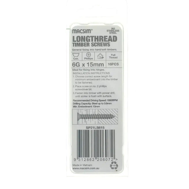 Packaging of Macsim lengthhread timber screws on a white background