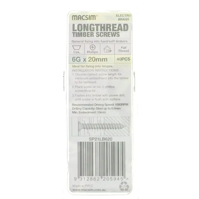 Packaging of Macsim longthread timber screws on a white background