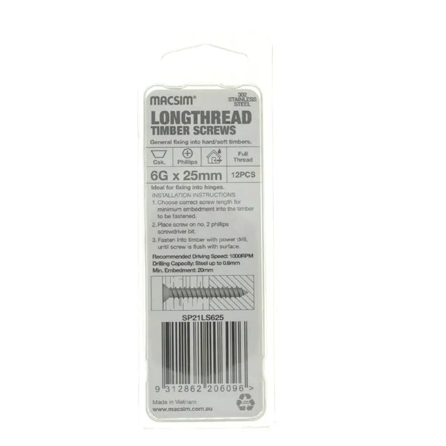 Pack of Macsim longthread timber screws on a white background