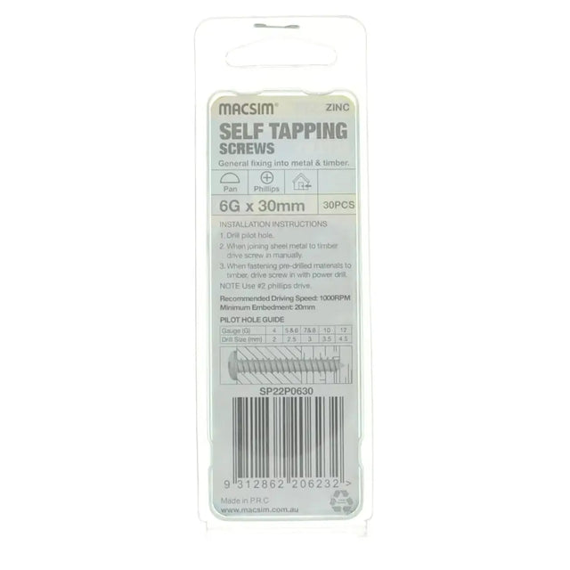 Pack of self-tapping screws with a clear label on a white background