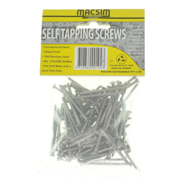 Pack of self-tapping screws with Macsim branding on a white background