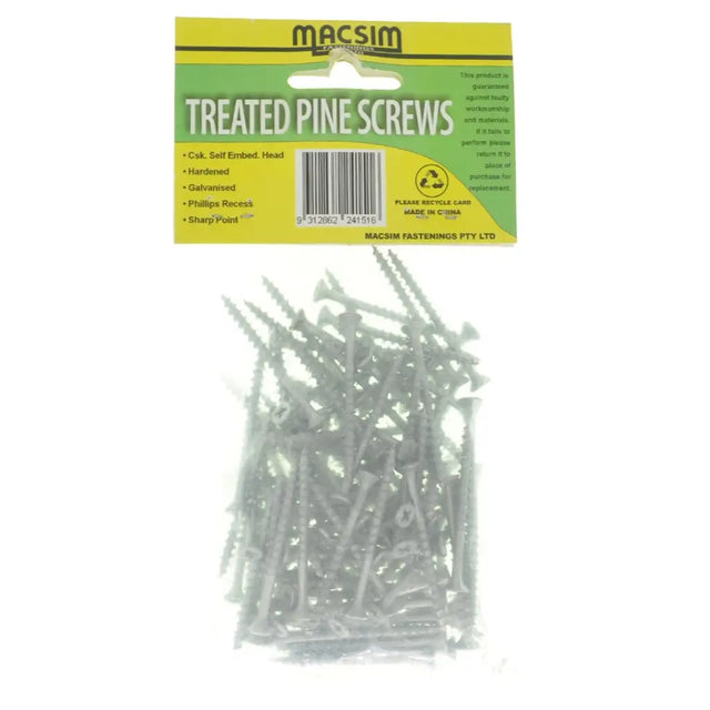 Package of Macsim treated pine screws on a white background