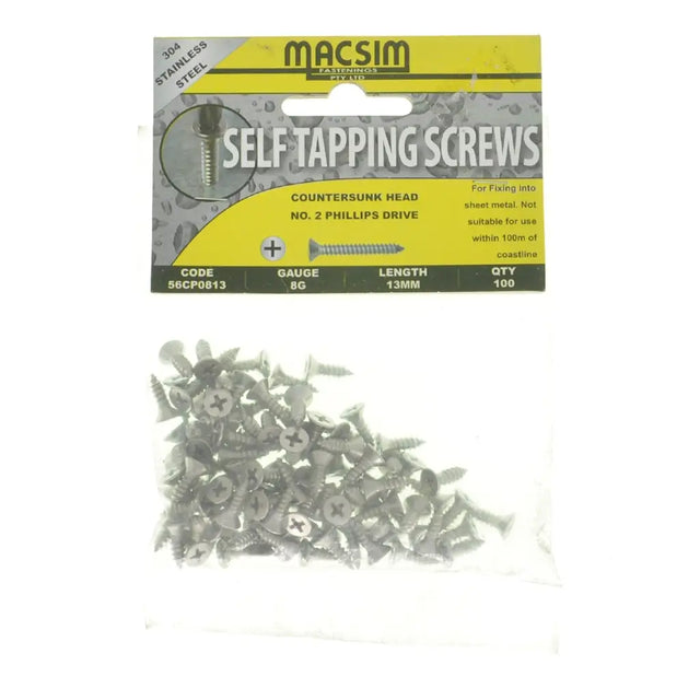 Pack of Macsim self-tapping screws with packaging on a white background