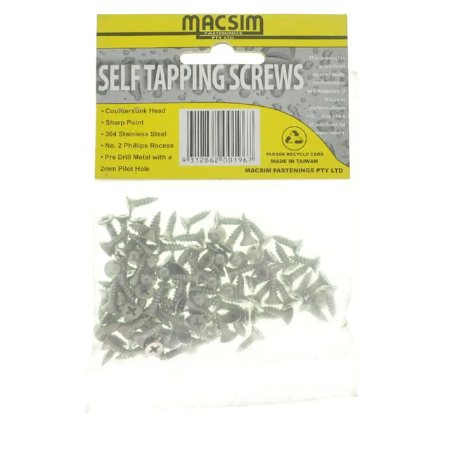 Pack of self-tapping screws with MACSIM branding on a white background